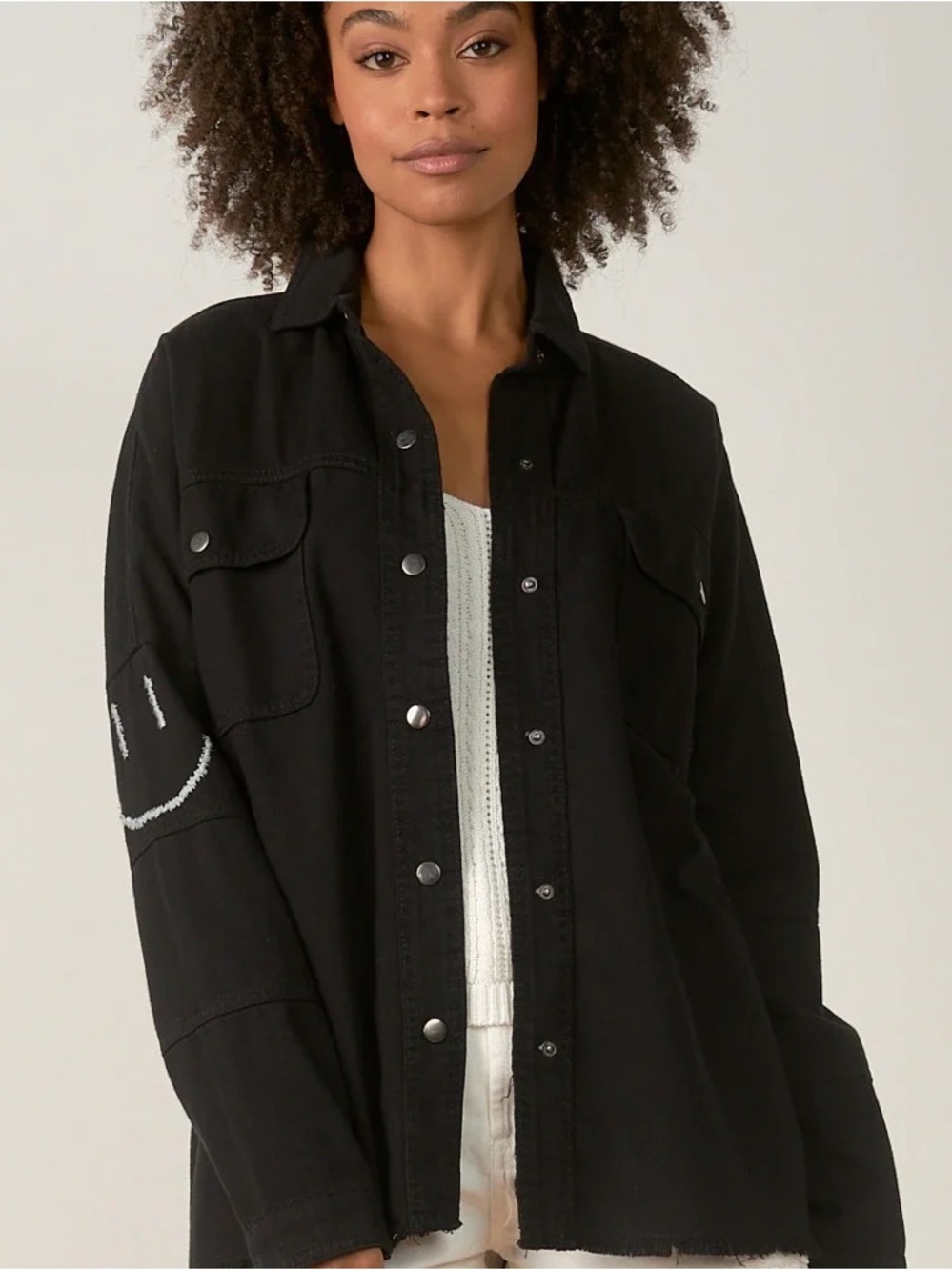 Elan Oversized Dolly Black Smiley Face Button Front Shirt Jacket